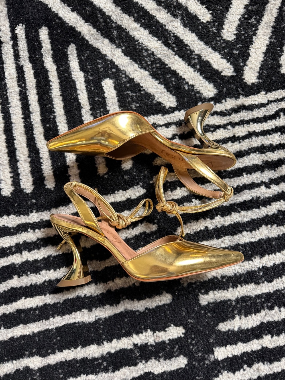 Anthropologie Metallic Gold Pointed-Toe Ankle-Tie Heels - Picture 6 of 7